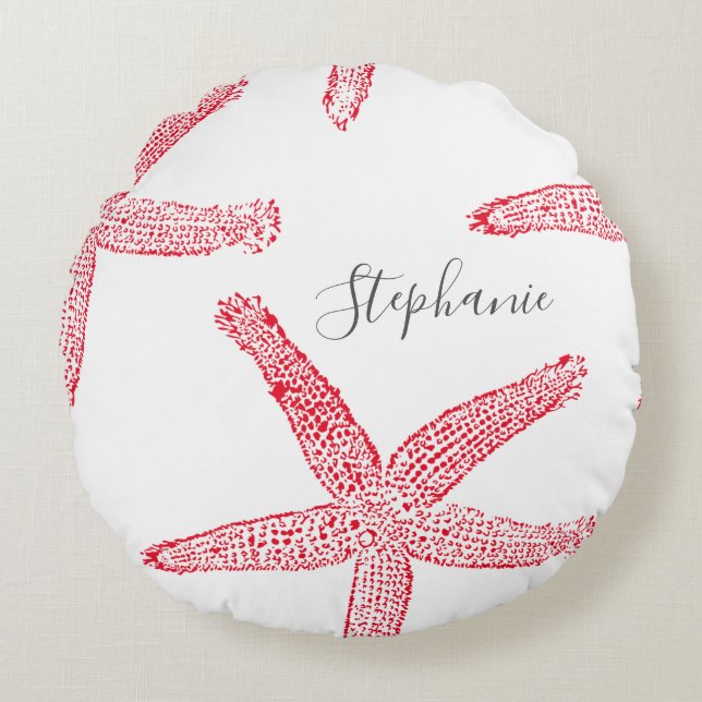Starfish Red White Beach Name Template Rundes Kissen (Vorderseite)
