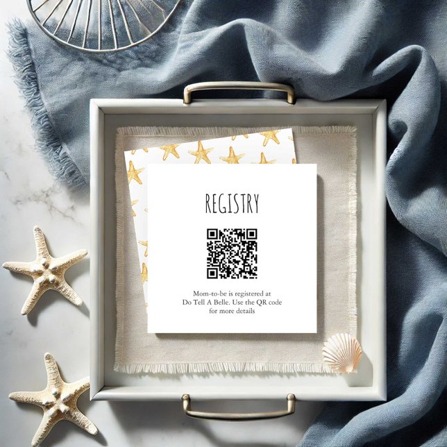 Starfish-Register Begleitkarte (Baby shower registry card with QR code features watercolor orange starfish by Victoria Grigaliunas)