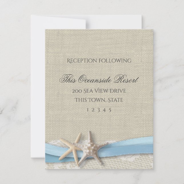 Starfish Ribbon and Lace Blue Beach Response Card Einladung (Vorderseite)