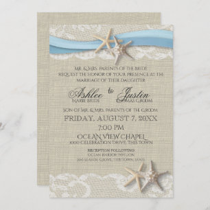 Starfish Ribbon and Lace Light Blue Wedding Einladung