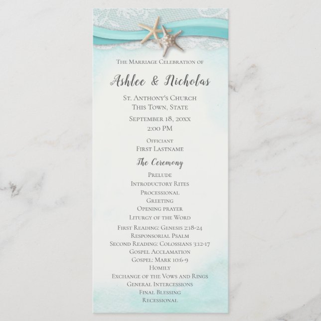 Starfish Ribbon Beach Hochzeit Programm (Vorderseite)