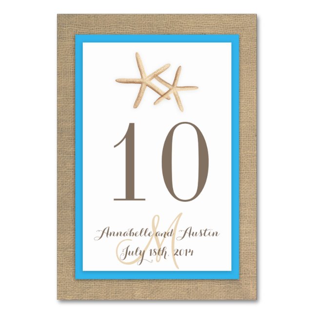 Starfish Rustic Burlap Beach Tropical Wedding Tischnummer (Vorderseite)