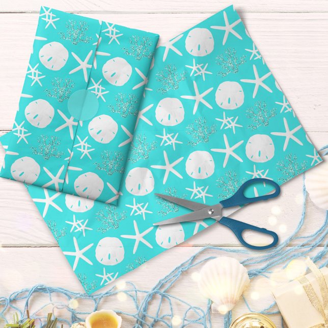 Starfish Sand Dollar Christmas Beach Aqua Blue Seidenpapier (Von Creator hochgeladen)