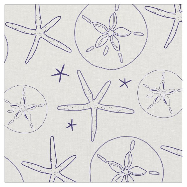 Starfish, Sand Dollar Navy Blue Beach Theme Fabrik Stoff (Nahaufnahme)