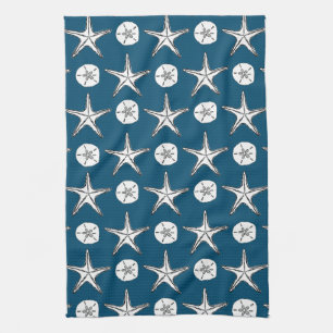 Starfish Sand Dollar Sketch Muster auf Ocean Blue Geschirrtuch