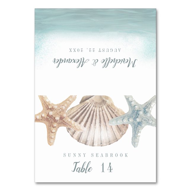 Starfish Seashell Beach Wedding Platzkarte Tischnummer (Vorderseite)