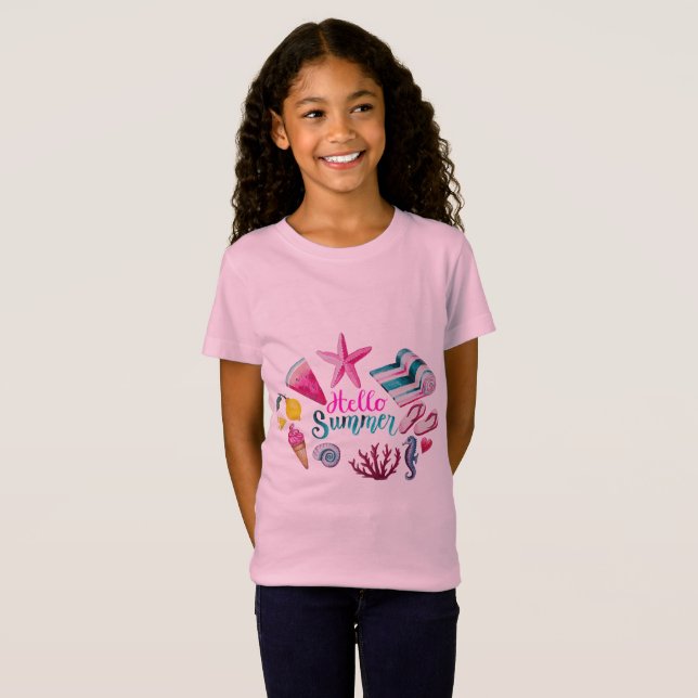 Starfish & Seashell Hallo Sommer Mädchen T-Shirt - (Vorne ganz)