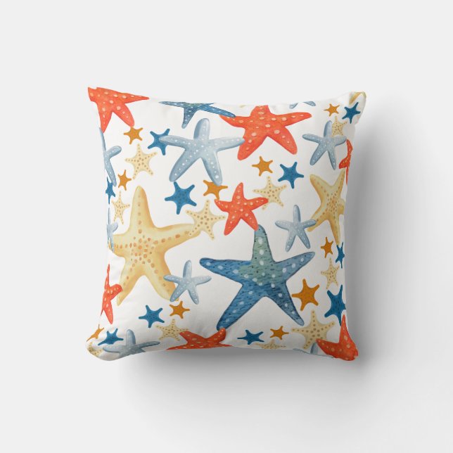 Starfish Seashell Muster Blaue Orangefarbene Küste Kissen (Vorderseite)