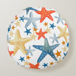Starfish Seashell Muster Blaue Orangefarbene Küste Rundes Kissen