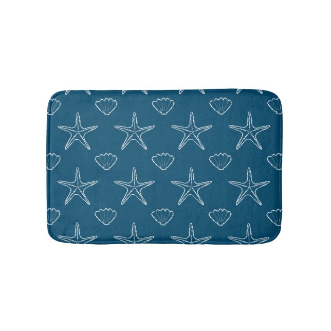 Starfish Seashell Sketch Muster auf Ocean Blue Badematte (Vorderseite)