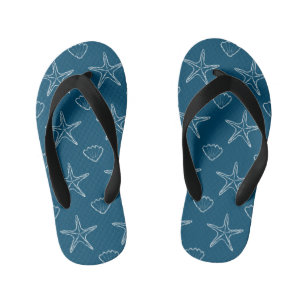 Starfish Seashell Sketch Muster auf Ocean Blue Kinderbadesandalen