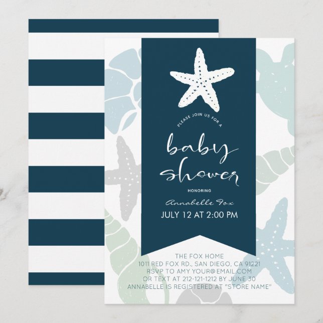 Starfish & Seashells Navy Blue Baby Dusche Einladung (Vorne/Hinten)