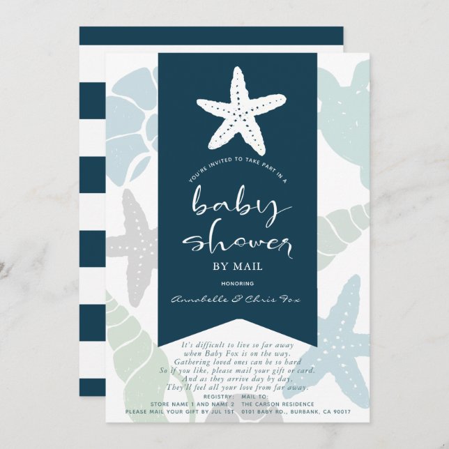 Starfish & Seashells Navy Blue Baby Dusche von Mai Einladung (Vorne/Hinten)