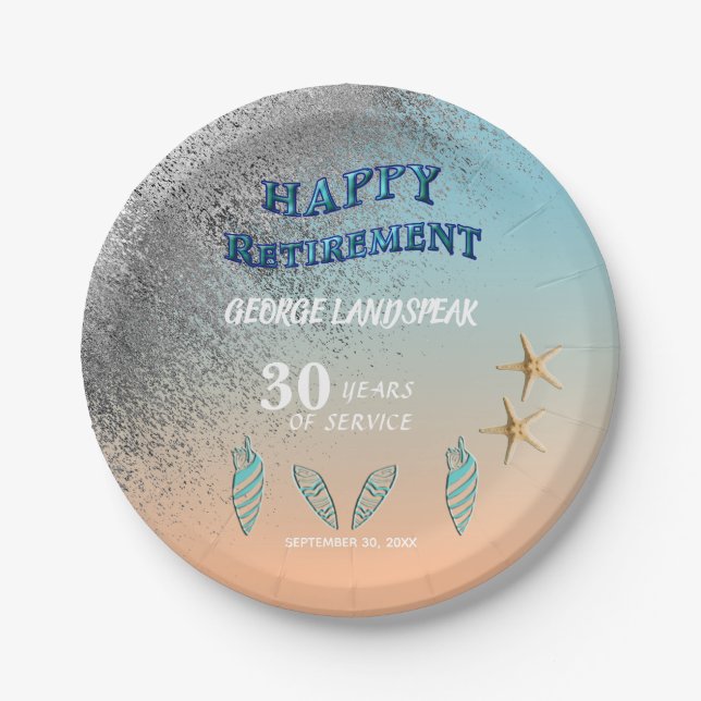 Starfish Seashells Silver Glitzer Happy Retirement Pappteller (Vorderseite)