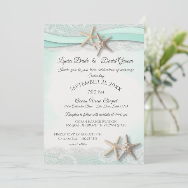 Starfish Tropical Vintag Beach Mint Wedding Einladung (Stehend Vorderseite)