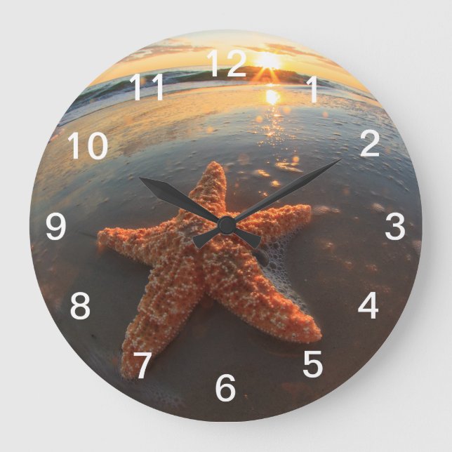 Starfish und Blasen am Sonnenuntergang Große Wanduhr (Vorderseite)