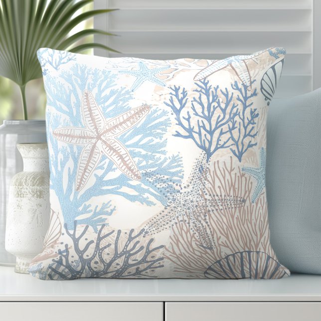 Starfish und Coral Beach Throw Kissen (Von Creator hochgeladen)