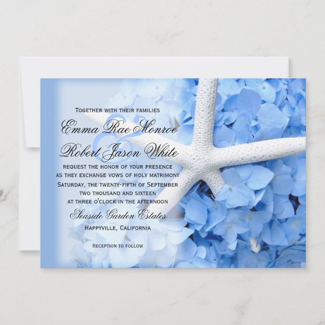 Starfish und Hydrangea Tropical Blue Wedding Einladung (Vorderseite)