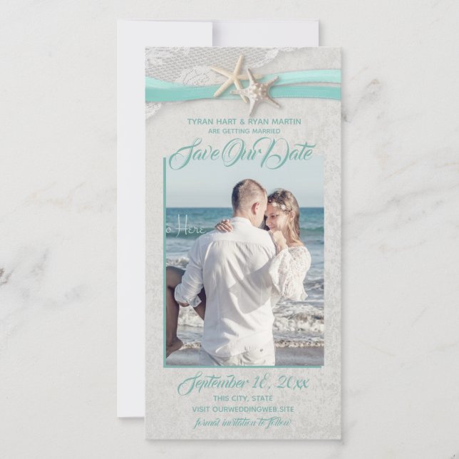 Starfish und Lace Aqua Gray Save the Date (Vorderseite)