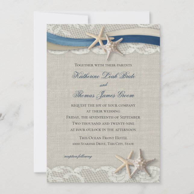 Starfish und Ribbon Beach Navy Blue und Champagne Einladung (Vorderseite)