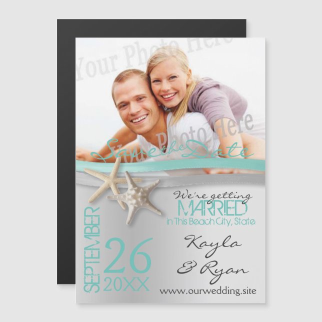 Starfish und Ribbon Save the Date Magneteinladung (Vorne/Hinten)