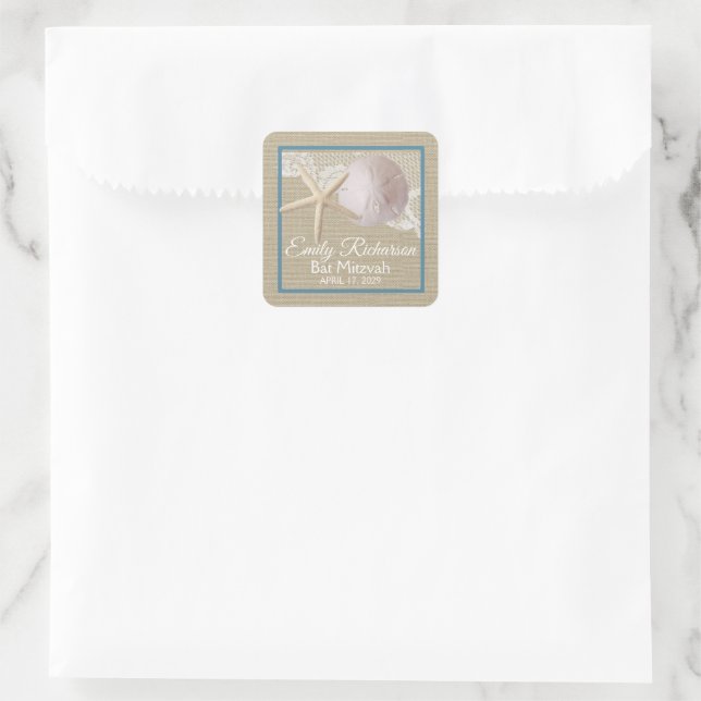 Starfish und Sand Dollar Burlap Beach Bat Mitzvah Quadratischer Aufkleber (Tasche)