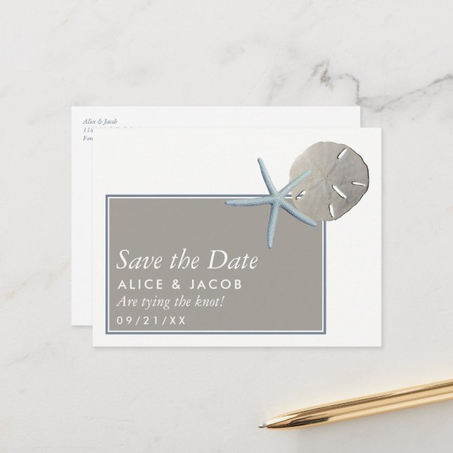 Starfish und Sand Dollar - Strand Save the Date Ankündigungspostkarte (Vorderseite/Rückseite Beispiel)