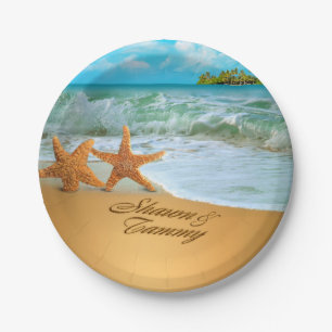 Starfish verbinden FRAGEN, UM IHRE NAMEN IN SAND Pappteller