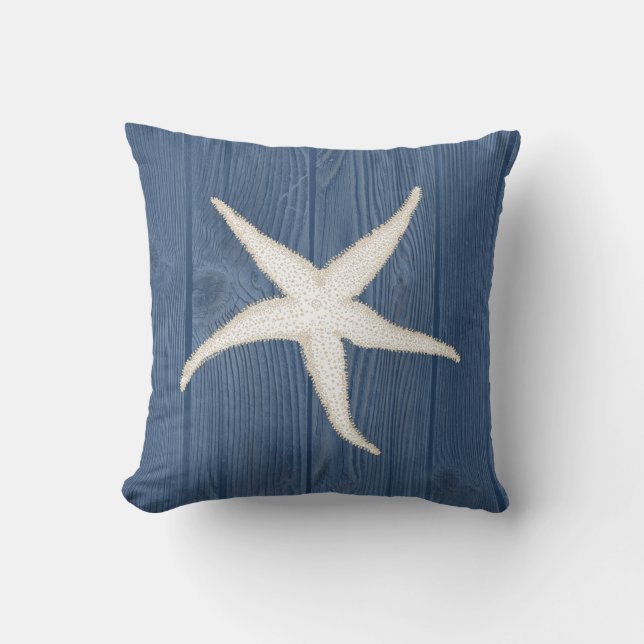Starfish-Vintages blaues hölzernes Sahnekissen Kissen (Vorderseite)