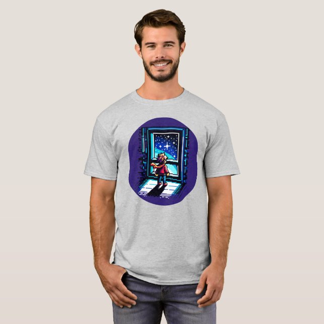 Stargazer beim Window Dreamy Pixel Art Night Sky T-Shirt (Vorne ganz)