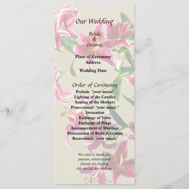 Stargazer-Lilien Herz-Hochzeitsprogramm Programm (Vorderseite)