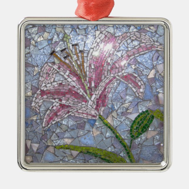 Stargazer-Lilien-Mosaik Silbernes Ornament (Vorne)