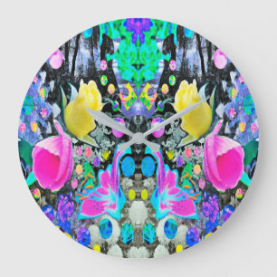 Stargazer Lily, Rose and Pink Hibiscus Collage Große Wanduhr