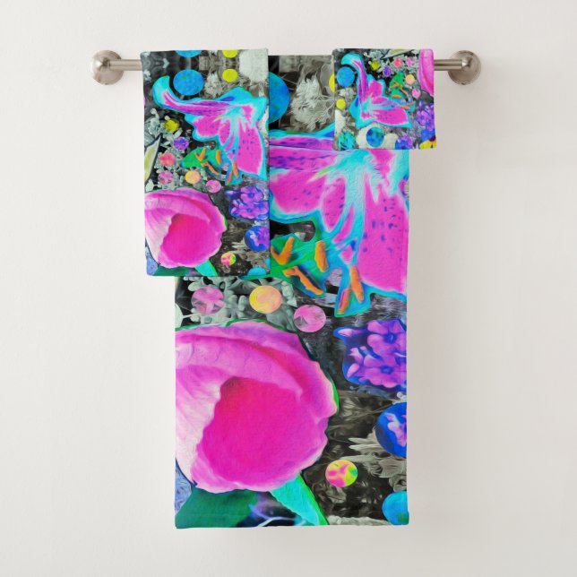 Stargazer Lily, Rose und Rosa Hibiskus Collage Badhandtuch Set (Insitu)