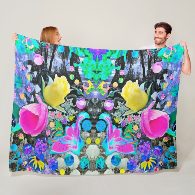 Stargazer Lily, Rose und Rosa Hibiskus Collage Fleecedecke (Beispiel)