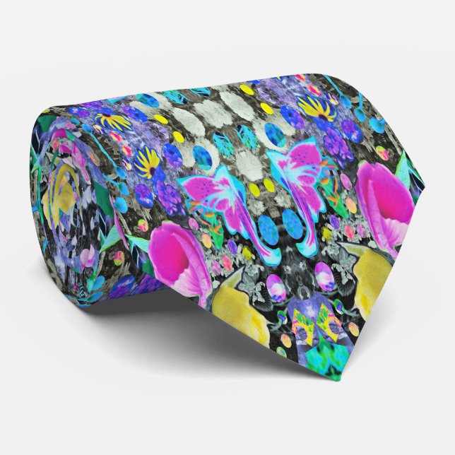 Stargazer Lily, Rose und Rosa Hibiskus Collage Krawatte (Gerollt)