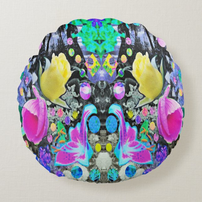 Stargazer Lily, Rose und Rosa Hibiskus Collage Rundes Kissen (Vorderseite)