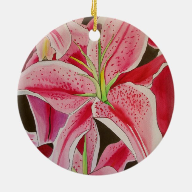 Stargazer Pink Lily Aquarell Blume Keramik Ornament (Hinten)