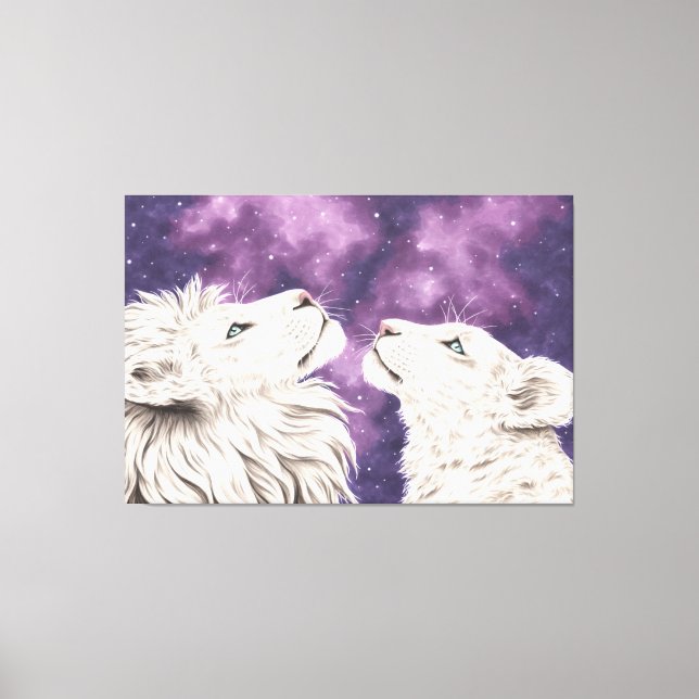 Stargazers Galaxy White Lion Couple Liebe Seeleute Leinwanddruck (Vorderseite)