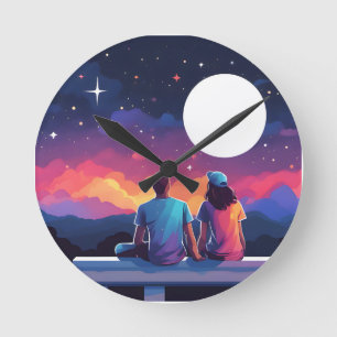 Stargazing Couple Runde Wanduhr