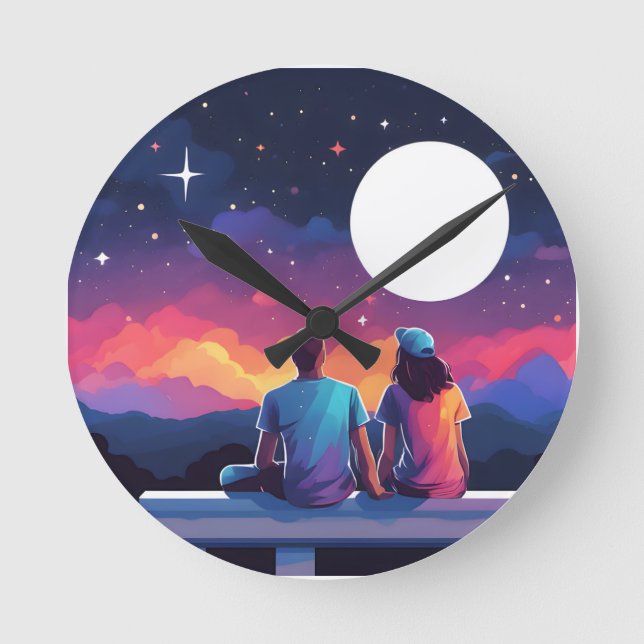 Stargazing Couple Runde Wanduhr (Vorderseite)