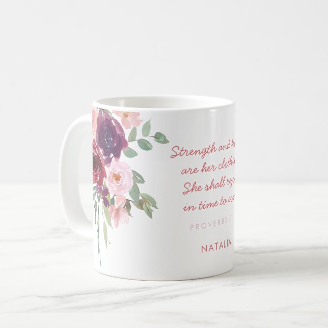 Stärke & Ehrensprichwörter 31 Rosa und Lila Blüten Kaffeetasse (Vorderseite Links)