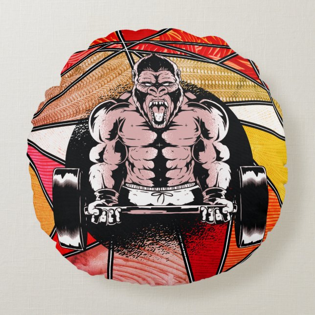 Starke Gorilla pumpt Muskeln von Barbell Design Rundes Kissen (Vorderseite)