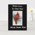 Starke Smart Kind Son Birthday Kardinal Card Karte<br><div class="desc">Senden Sie Ihrem Sohn einen kräftigen,  smarten und freundlichen roten Kardinal für einen Geburtstagswunsch. Die Karte ist ein gewagtes,  modernes Design,  das aus meiner Aquarellmalerei entworfen wurde,  um die realistischen Details des hübschen Vogels zu zeigen.</div>