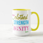 Stärke Würde Bibel Verse Frauen Mädchen Inspiriere Tasse<br><div class="desc">Inspiration Blau Pink grün türkisfarben Sie ist mit Kraft und Würde Zitat, aus dem Buch der Sprichwörter, mit moderner Typografie Inspirierend Kaffee-Tasse. Ein perfektes Geschenk für jede Frau und jedes Mädchen! Die zwei Töne tragen dazu bei, Tee- und Kaffeeflecken zu verbergen. Sie können Ihre Größe und Farbe anpassen.</div>
