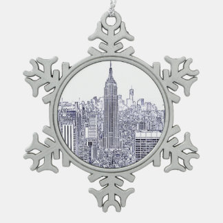 Starker Look NYC Skyline, Round-Frame Schneeflocken Zinn-Ornament