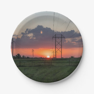 Starkstromleitungs-Sonnenuntergang-Landschaft Pappteller
