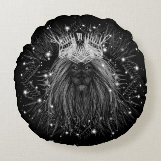 Starlight Lion mit Crosstramm Rundes Kissen (Vorderseite)