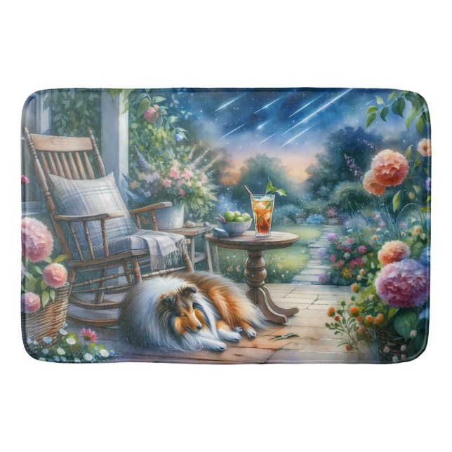 Starlit Garden Porch Sheltie Dream Badematte (Vorderseite)