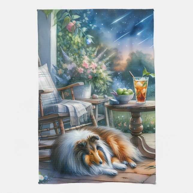 Starlit Garden Porch Sheltie Dream Geschirrtuch (Vertikal)